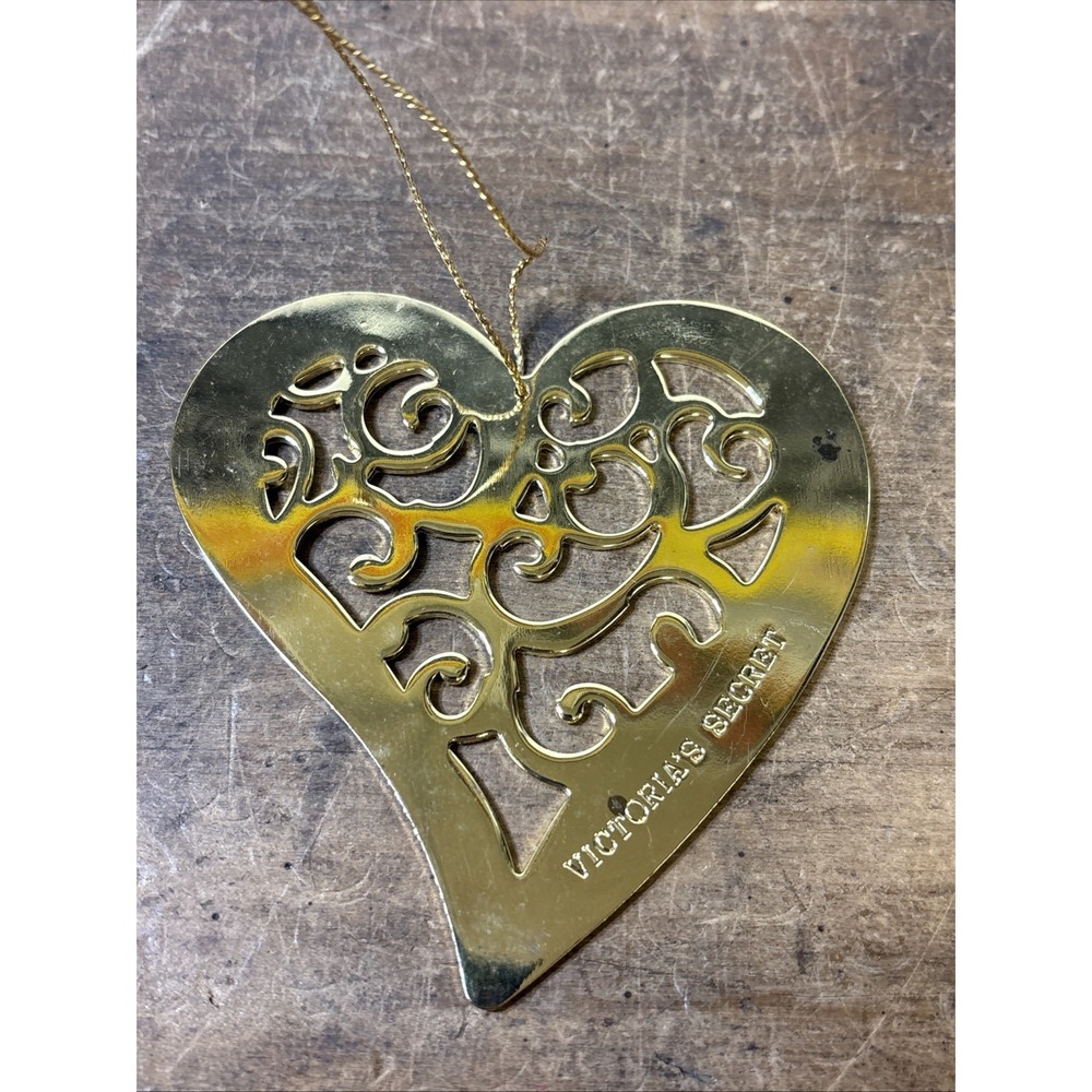 Victoria's Secret Gold Metal Heart Ornament Scroll Cutout Logo Holiday White